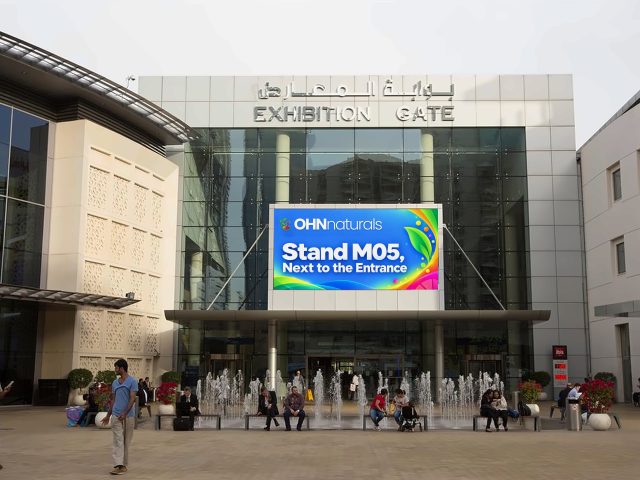 OHN Naturals branded screen at the Dubai World Trade Centre exhibition gate, Stand M05